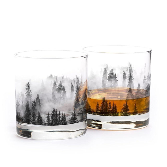 Black Lantern Handmade Whiskey Glasses - Unique Themed Cocktail & Everyday Use Drinking Glasses, Perfect for Outdoor Enthusiasts & Nature Lovers - (Set of Two 11oz. Glasses) Forest and Clouds Design