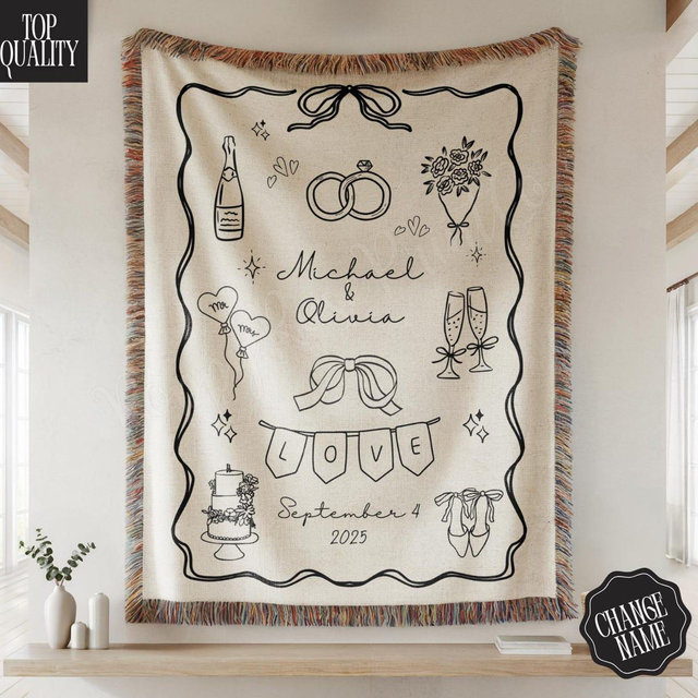 Wedding Doodle Blanket with Names, Personalized Wedding Anniversary Throw Blanket Gift, Doodle Woven Blanket ,Newlyweds, Valentines Gift