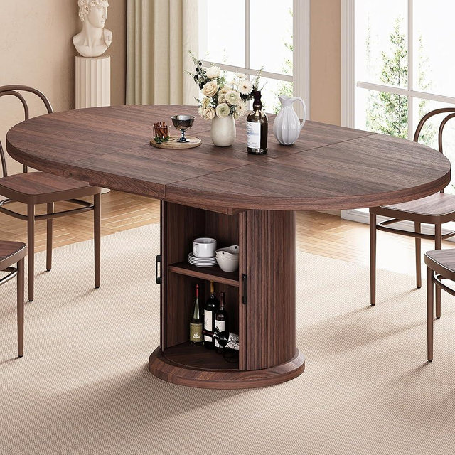 Dining Table for 4-6,63“Extendable Round Kitchen Dining Room Table with 2-Tier Storage Shelf, Space Saving Expandable Wood Oval Circle Dinner Furniture with Pedestal Base (Brown)