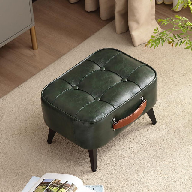 1pc Vintage Style Faux Leather Ottoman Footstool - Wooden Frame, Upholstered Interior, Multi-Use Footrest for Living Room, Entryway, Office (Green Black)