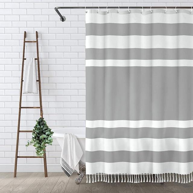 Awellife Boho Linen Grey Farmhouse Gray Shower Curtain for Bathroom Stripe Tassel Shower Curtain 72 X 72 Inches