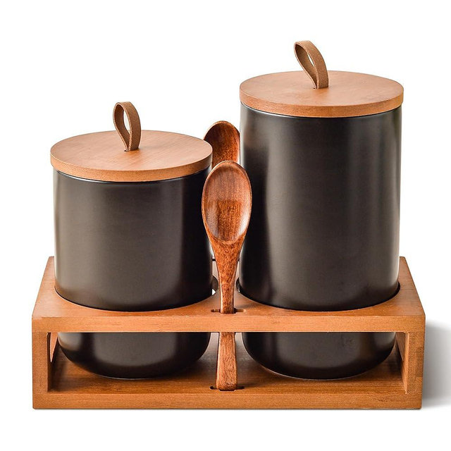 CoorFormer Black Ceramic Canister Set of 2 with Bamboo Lids, Wooden Stand & Spoons – 35oz & 28oz Airtight Food Storage Jars for Coffee, Sugar, Tea, Kitchen Counter Organizer