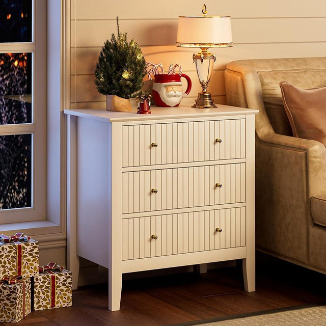 Apetaccat Night Stand, Fluted 3 Drawer Wide Farmhouse Nightstand with Gold Handle, Modern Wooden Bedside End Table for Bedroom, Living Room, White