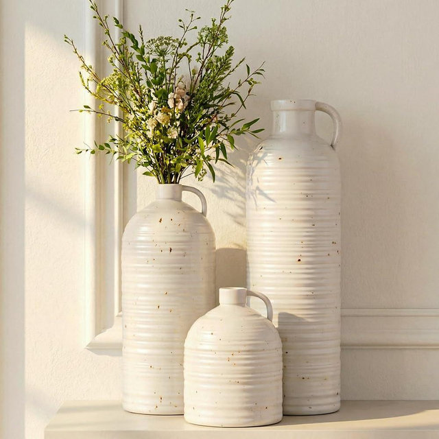 Firehold Ceramic Vase Set of 3, Rustic Home Decor Vases for Modern Farmhouse, White Boho Flower Vases for Shelf, Mantel, Table Decor, Small Decorative Vase for Dried Flowers & Pampas Grass