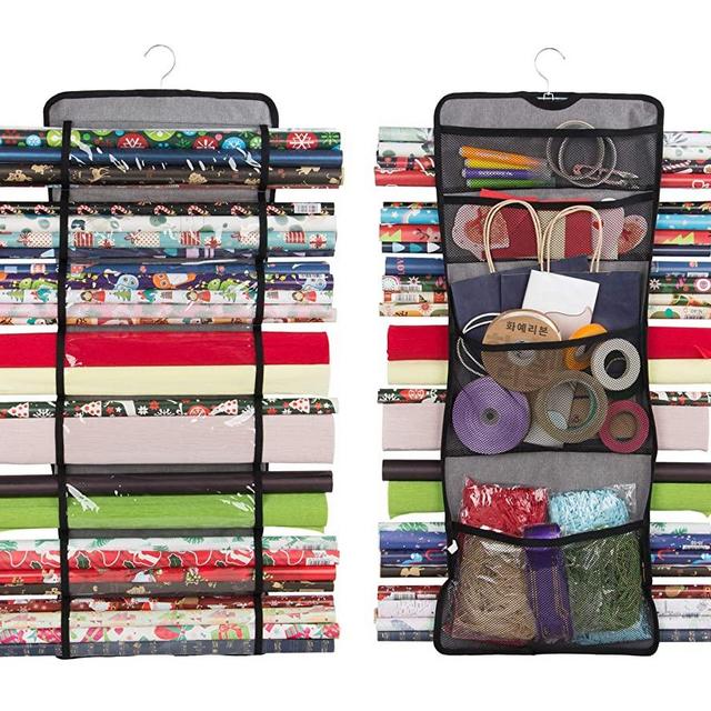 Double Sided Gift Wrap Organizer Storage With Multiple Pocket, Hanging Gift Wrapping Paper Organizer Containers Rolls Storage Bag, Closet Gift Bag with Hanging Hook (grey)