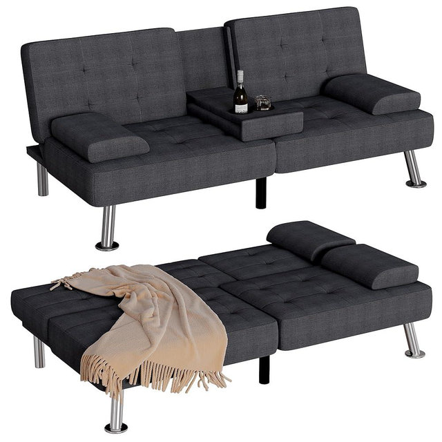 Homall Futon Sofa Bed, Futon Couch with Removable Armrests, Adjustable Recliner Sleeper Sofa Bed with Dual Cup Holders for Living Room, Apartment, Office (Fabric, Black)