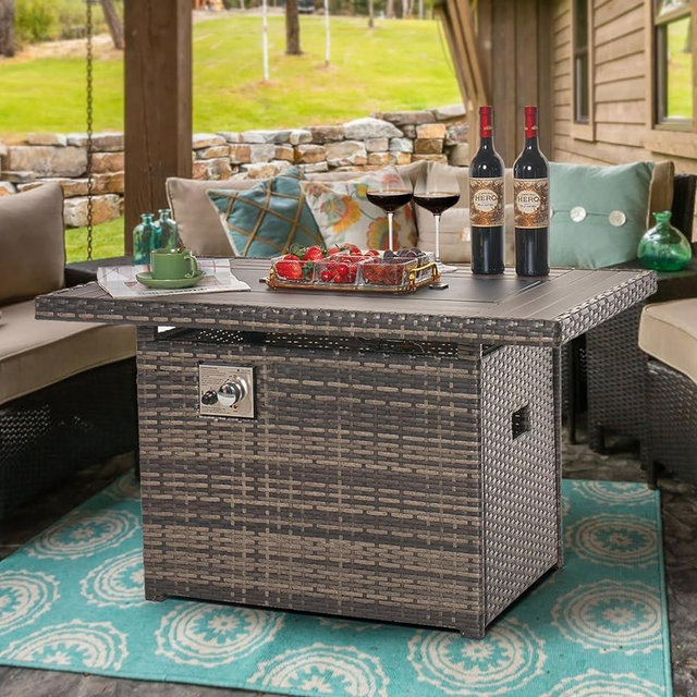 Jolydale Propane Fire Pit Table 40 Inch Outdoor Gas Firepit Table with Storage Rectangular 50000 BTU Fire Table with Oxford Cover for Outdoor Patio Deck, Grey Wicker