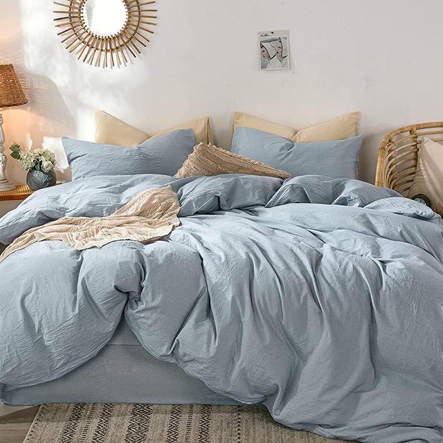 MooMee Bedding Duvet Cover Set 100% Washed Cotton Linen Like Textured Breathable Durable Soft Comfy (Cornflower Blue, King)
