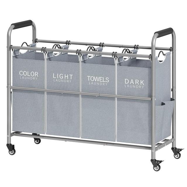 Tajsoon 4 Bag Laundry Sorter Cart, 4 Section Laundry Hamper Sorter with Heavy Duty Lockable Rolling Wheels, Laundry Separator Hamper with Removable Bags for Dirty Clothes Storage, Grey & White