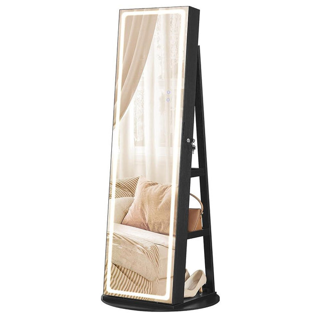 SONGMICS LED Mirror Jewelry Cabinet Standing, Lockable Jewelry Armoire with Full-Length Mirror and Adjustable LED Lights, Space-Saving Jewelry Organizer with Mirror, Mother's Day gifts, Black