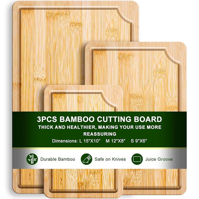 Bamboo Cutting Board-3 piece set, Kitchen Bamboo Cutting Board with juice slot and built-in handle, Used for cooking, Meat, Vegetables and cooked food