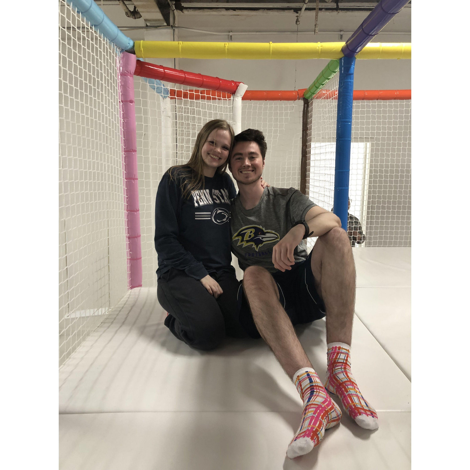 Margaux and Austin at an indoor playground in Brooklyn, New York.