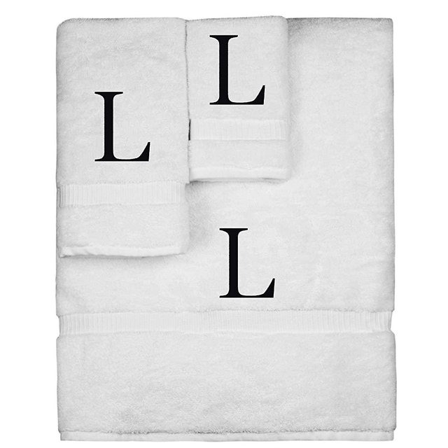 Monogrammed Towel Set, Personalized Gift, Set of 3- Black Block Letter Embroidered Towel - Extra Absorbent 100% Turkish Cotton - Soft Terry Finish - Initial L White