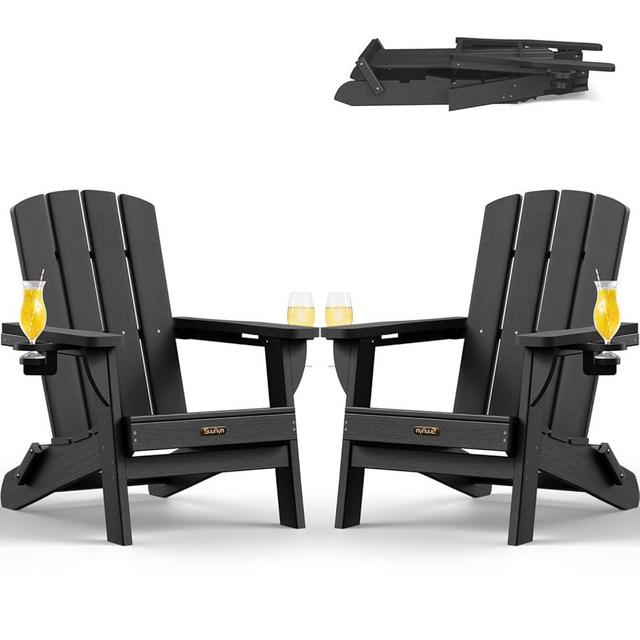 SUUNYN Folding Adirondack Chair 2 Pack, HDPE All-Weather Fire Pit Chairs, Plastic Adirondack Chairs with 2 Cup Holder, Outdoor Lawn Chair for Patio Garden (Black)