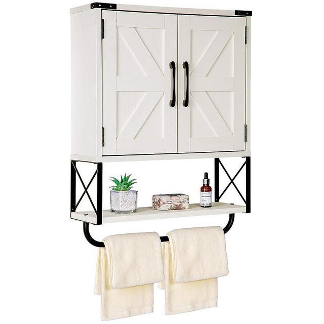 RUSTOWN Farmhouse Medicine Cabinet with 2 Barn Door, Wood Wall Mounted Storage Cabinet with Adjustable Shelf and Towel Bar, 3-Tier Bathroom Cabinet for Living Room (Vintage White, Medium)