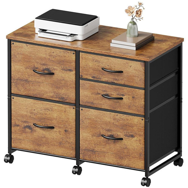YeTom Lateral File Cabinet with 5 Drawers Rolling Filing Cabinets Under Desk Storage Printer Stand with Wheels,Mobile File Cabinet for Home Office,Rustic Brown