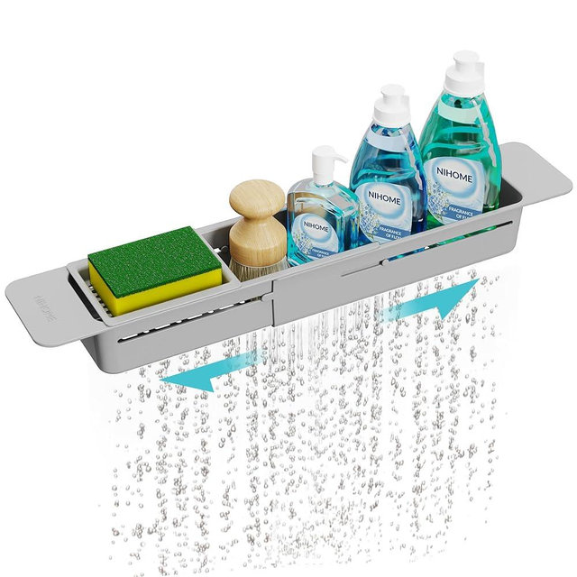 NiHome Extendable Sink Kitchen Organizer, Extra Long Telescopic Brush Storage Rack for Sponge, Non-Slip Pads Expandable Sink Caddy, Adjustable Sponge/Brush Rack with Drainage Durable ABS (Gray)