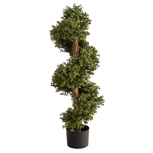 Nearly Natural 33in. Artificial Boxwood Spiral Topiary, Faux Greenery with Black Planter, Indoor/Outdoor Decor