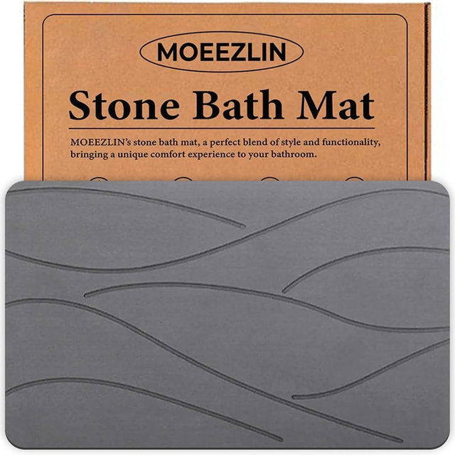 MOEEZLIN Stone Bath Mat Diatomaceous Earth Non-Slip Bath Mat for Bathroom Quick Drying & Super Absorbent Diatomite Shower Mat Large Natural Stone Bathroom Mat (23.6" x 15.4" Grey)