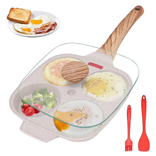 Egg Pan,Egg Frying Pan with Lid Nonstick 4 Cups Pancake Pan Fried Egg Pan for Breakfast, Gas Stove & Induction Compatible (White)