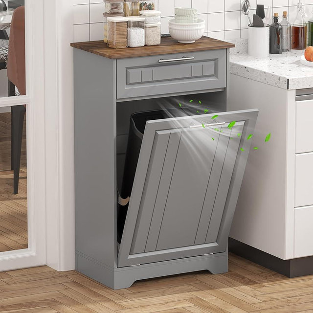 Single 10 Gallon Tilt Out Trash Can Cabinet with Deodorizing Function, Wooden Hidden Garbage Can Holder with Storage Drawers for Kitchen and Dining Room, Laundry Hamper Cabinet for Bathroom, Grey