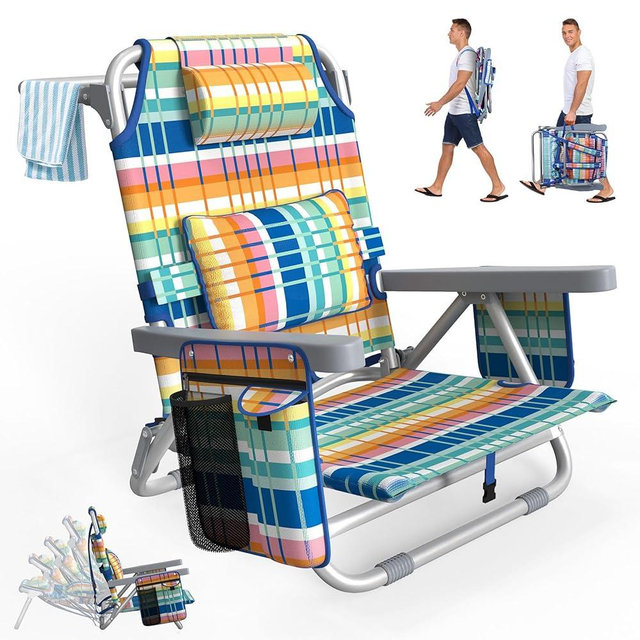 Suteck Beach Chair, Adjustable 5-Position Backpack Beach Chairs for Adults Kids, Foldable Lay Flat Chair with Cooler Bag, Cup Holder and Lumbar Pillow, Reclining Lay Down Chairs for Lawn Outdoor