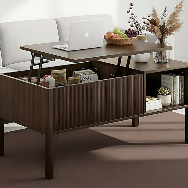 Fluted Lift Top Coffee Table with Hidden & Open Storage, Rectangle Modern Coffee Table for Living Room, Smooth Hydraulic Lift, Large Capacity, Safe Round Corners, Easy to Clean, Vertical Grain-Brown