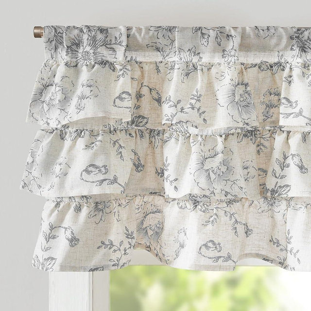 jinchan Ruffled Floral Valance Gray Shabby Chic Small Window Curtain 18 Inch Farmhouse Kitchen Valance for Bedroom Living Room Decor Cottage Rustic Window Treatments Valance 1 Panel Grey on Beige