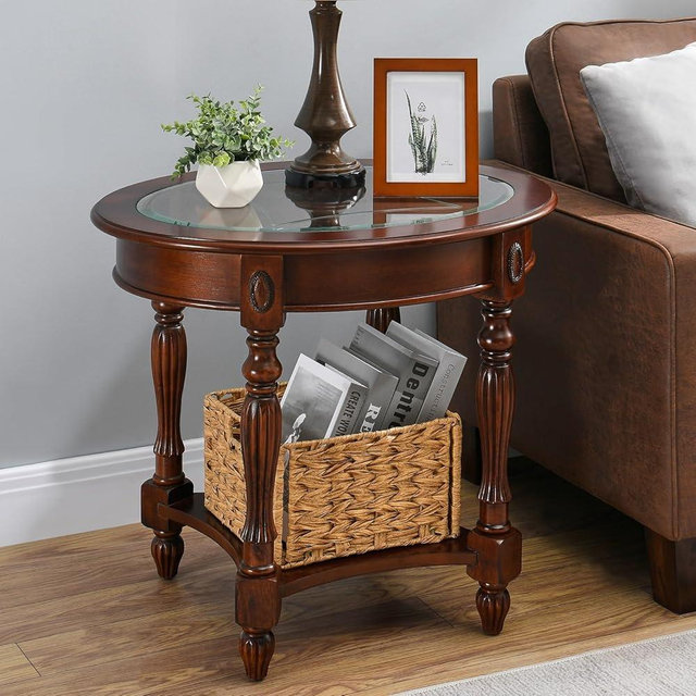 MODERION Solid Wood End Table with Tempered Glass, Oval Sofa Side Table with Storage Shelf, Carvings Side Elegant Vintage, Easy Assembly, for Living Room Walnut CJZ1533GT