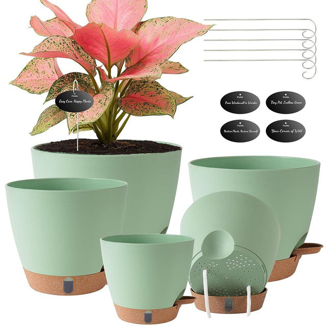 Fielda Self Watering Pots for Inoor Ourdoor Plants 8/7/6.5/6/5 Inch Plastic Planters with Drainage Holes & Water Level Indicator, Decorative House Flower Nursery Planting Pots with Saucers(Green)