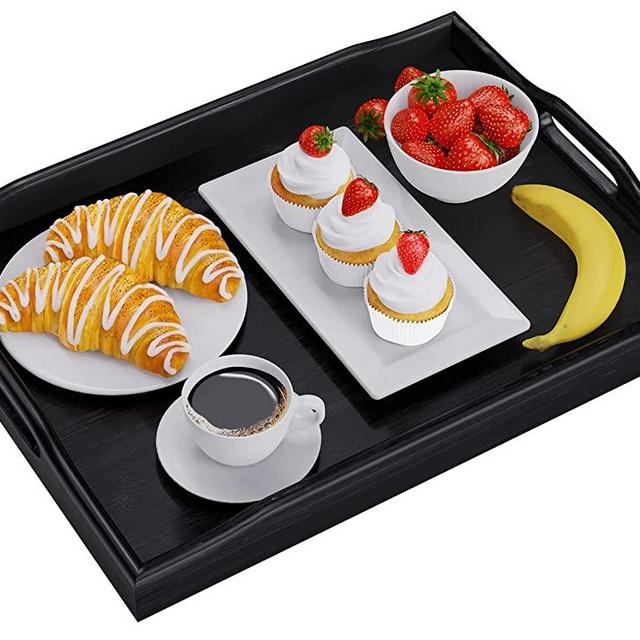 Pipishell Bamboo Serving Tray with Handles Rectangular Wooden Breakfast Tray Works for Eating, Working, Storing, Used in Bedroom, Kitchen, Living Room, Bathroom, Hospital and Outdoors(Black)