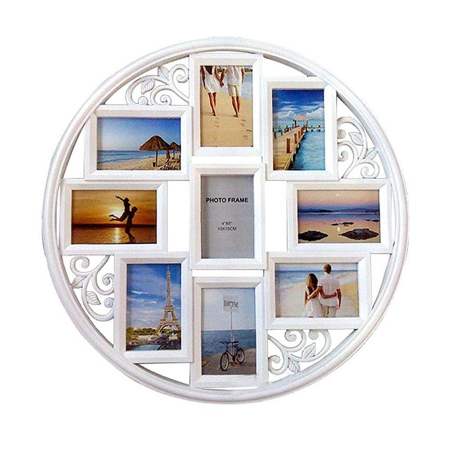Mkun 4x6 Wall Collage Picture Frames - Round Circular Wall hanging Picture Photo Collage Frame with leaf decoration, 9- Opening (White)