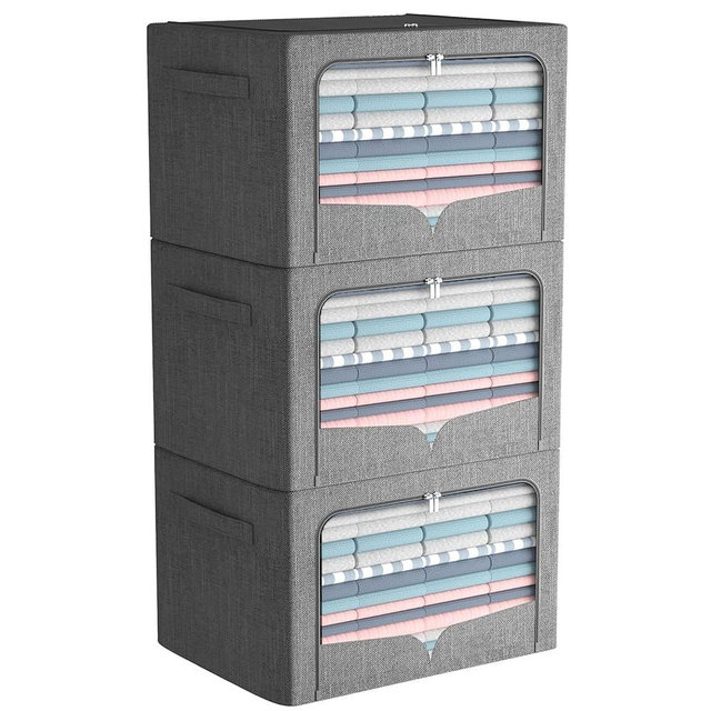 3 Pack Clothes Storage Bins - Foldable Metal Frame Storage Box - Stackable Linen Fabric Container Organizer Set with Carrying Handles and Clear Window (Dark Gray, 19.7x15.7x13inch(66L))