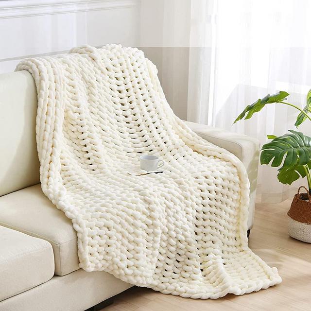 Weighted Idea Chunky Knit Blanket Throw 60''X 80'' -100% Handmade Chenille Yarn Cable Knitted Blanket Super Warm Soft Cozy for Sofa Couch Bed Home Decor (White,Queen Size)
