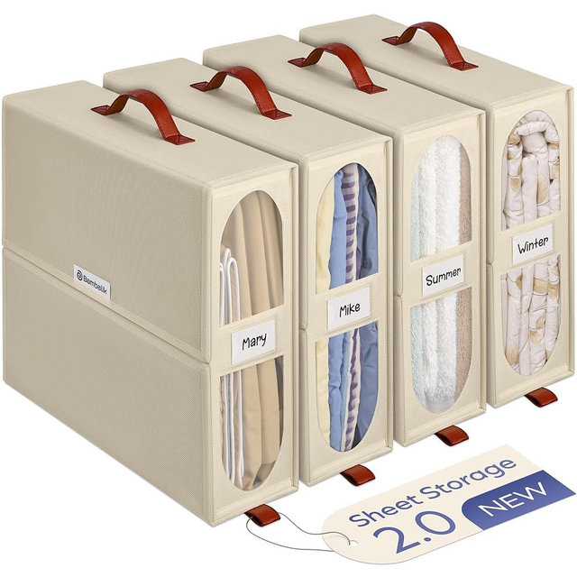 BAMBALIK 4x Bed Sheet Organizer Storage Boxes with Big See-Through Windows - Bedsheet Organizers Redesigned. Robust Bed Sheet Storage -15x13x5 in. Sheet Organizers Containers (Off-White)