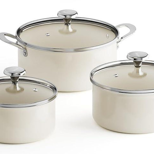 Redchef Cooking Pot Set Induction 5Qt, Saucepan Set 2.5/3.5Qt Nonstick Ceramic Cookware Set, Compatible All Cooktops, Even Heat, Stay-Cool Handles, Oven/Dishwasher Safe, PTFE PFAS Free (Beige)