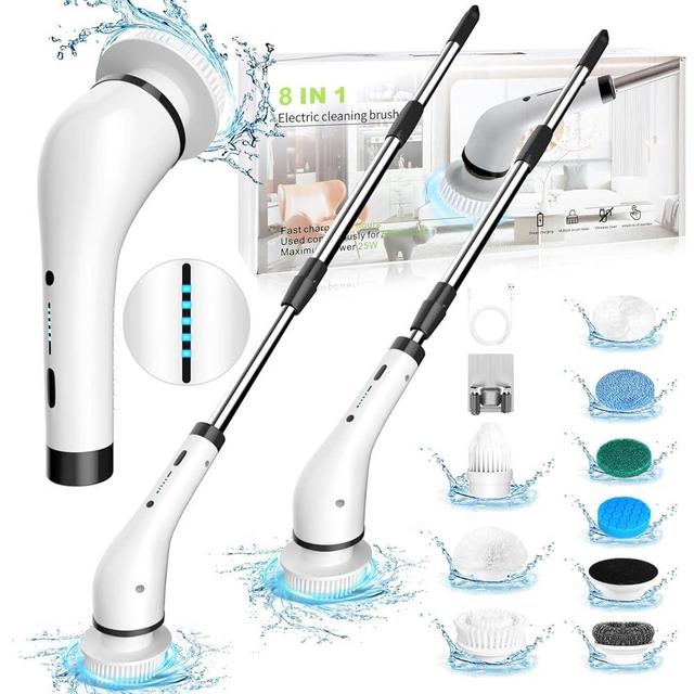 GRUTTI Electric Spin Scrubber, Cordless Shower Scrubber with 8 Replaceable Brush Heads, Electric Bathroom Scrubber with 2 Speeds, Adjustable Extension Arm, for Bathtub Window Car Grout Tile Floor