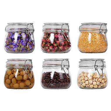 ComSaf Airtight Glass Canister Set of 6 with Lids 17oz Food Storage Jar Round - Storage Container with Clear Preserving Seal Wire Clip Fastening for Kitchen Canning Cereal,Pasta,Sugar,Beans,Spice