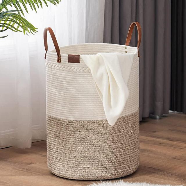 TECHMILLY Woven Laundry Hamper, Tall Cotton Rope Cloth Basket, Modern Dirty Hamper for College Dorm, Bathroom, Bedroom - 72L White/Brown