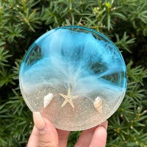 Ocean Resin Coaster- Square and Round Seashell Coaster: Handmade Coastal Home Decor & Gift - Set of 4 Coaster, Round