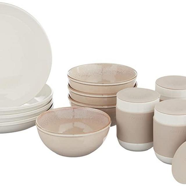 Corelle Stoneware 16-Pc Dinnerware Set, Handcrafted Artisanal Double Bead Plates, Meal Bowls, Bowls and Tumblers, Solid and Reactive Glazes, Dining Plate Set, Oatmeal