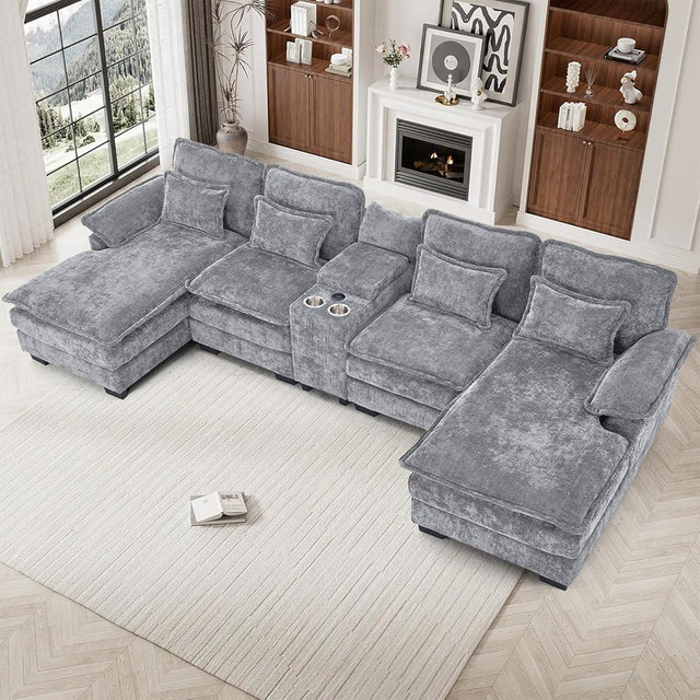133" Oversized U Shaped Cloud Couch Modular Sectional Couches for Living Room Comfy Chenille Deep Seat Sofa Set with Double Chaise Lounge, Storage Central Console, Cup Holders, USB Port, Light Grey