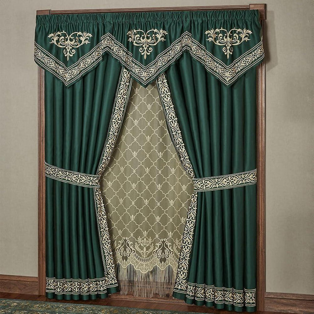 Touch of Class Balmoral Luxury Window Treatment | Imperial Emerald Green | Palace-Inspired Golden Scrollwork Embroidery | Designed Drapery Set Includes 3 Ascot Valances and 84L Curtain Pair