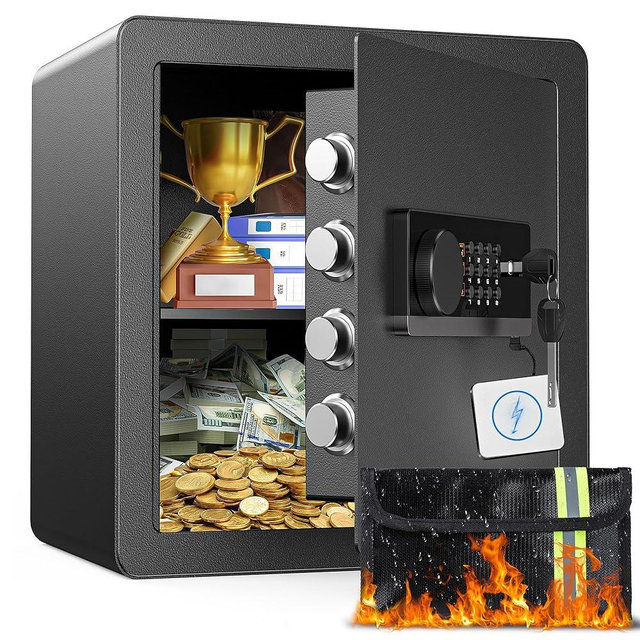2.0 Cubic Feet Home Safe with Fireproof Money Bag, Steel Security Safe Box for Cash Document Valuables, Digital Lock Box with Electronic Keypad, Anti-theft Alarm System, Removable Shelves
