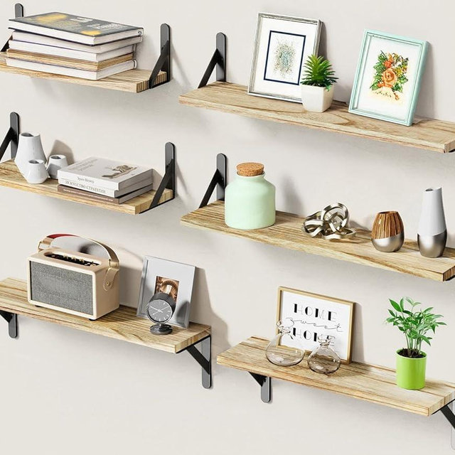AMADA HOMEFURNISHING Long Wall Shelves, Rustic Farmhouse Style, Wood Floating Shelves for Wall Decor, Bathroom & Bedroom Storage, Living Room Book Shelves, 6pcs