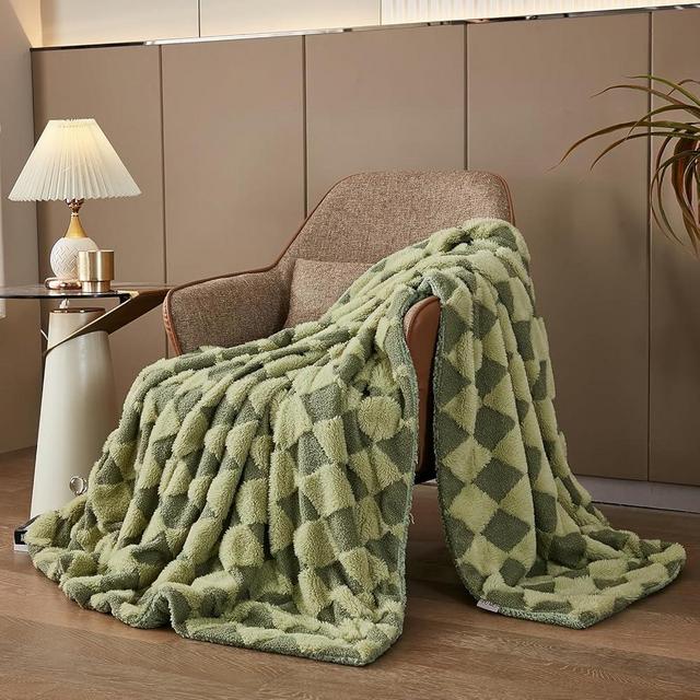PU MEI Luxury Faux Fur Rabbit Fur Throw Blanket Sage Green 60"*80",Soft Plush Reversible Sherpa Blankets,Twin Fuzzy Blanket Thick Throws for Bed,Comfy Bedding Accent Blankets for Sofa Couch Chair
