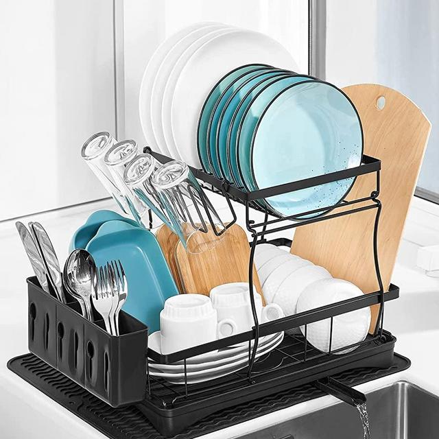 Dish Drying Rack, Kitchen Counter Dish Drainers Rack Expandable(16.9 to  26.8), Auto-Drain Drainboard Stainless Steel Large Strainers Drying Rack