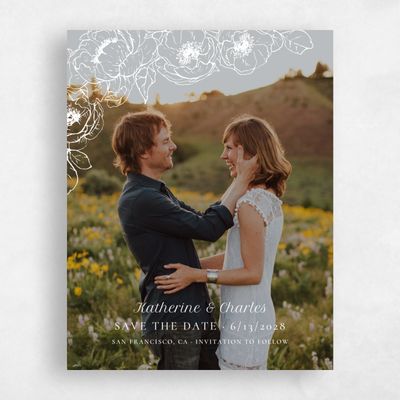 White Fall Wedding Save the Date - Rooftop Portrait