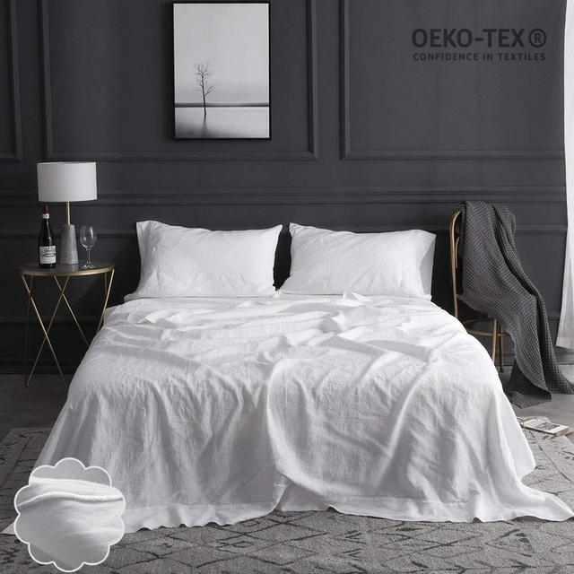 Simple&Opulence 100% Linen Sheet Set Embroidery(King,White)