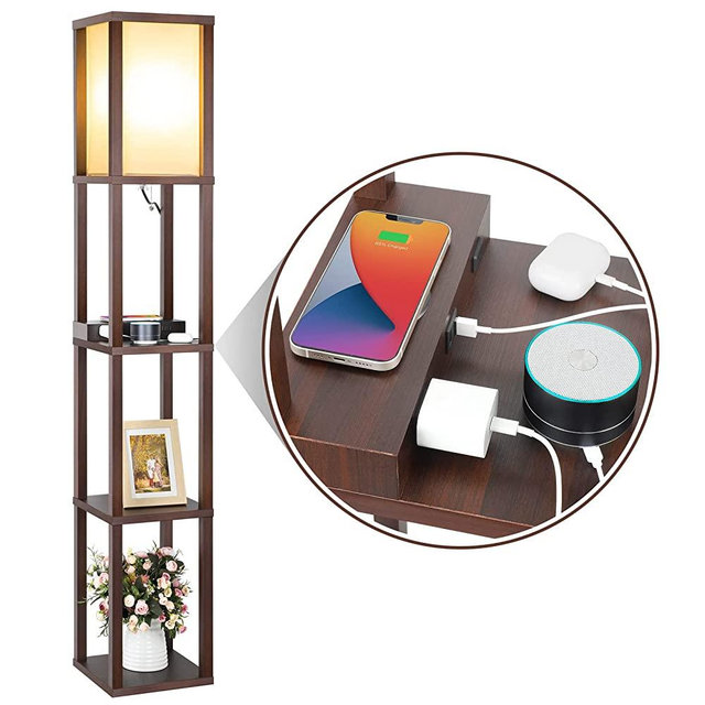 Modern LED Shelf Floor Lamp with Wireless Charger & 2 Fast Charging USB Ports & 2 Power Outlets, 3 Tier Storage Display Standing Lamp Narrow Corner Nightstand Light for Bedroom Living Room(Brown)
